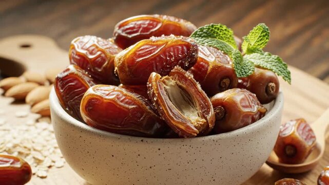 A bowl of dates one halved with a mint sprig resting on a wooden surface with scattered almonds and rolled oats