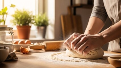 Hands Kneading Fresh Bread Dough in a Bright Home Kitchen.