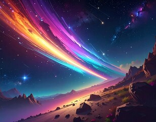 Vivid cosmic streaks blaze across a starlit night sky, over rugged terrain