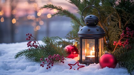 Cozy christmas lantern with festive ornaments glowing in the soft snow