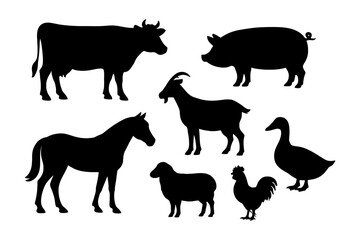 Silhouettes of farm animals: cow, pig, goat, horse, sheep, rooster, duck.