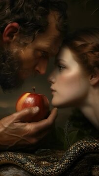 Serpent voice: Adam approach, Eve listen, fruit reach, Eden silence, sin echo, tree secret, divine gaze, sacred breach, moral lapse, exile path, faith shift, biblical message
