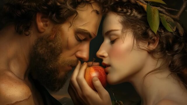 Sacred moment: Adam wander, Eve taste, snake speak, fruit shine, Eden close, guilt bloom, command test, spirit cry, myth birth, fall echo, judgment pass, belief hold