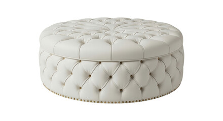 Elegant round tufted ottoman in offwhite upholstery with nailhead trim isolated on transparent background