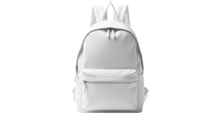 Minimalist white leather backpack with zippers and adjustable straps isolated on transparent background