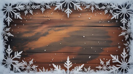 Rustic wooden background decorated with snowflakes and falling snow