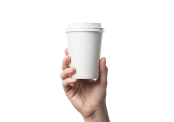 Hand holding a blank white disposable coffee cup with lid, isolated on transparent background