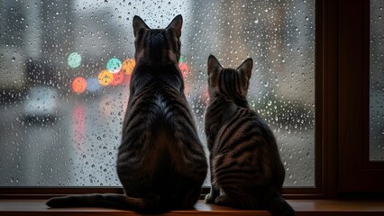 Hyper-realistic black cats sitting rainy window cinematic emotional quiet moment.