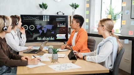 Global Team in Virtual Meeting with Data Dashboard, Business Conference Call with World Map, Remote Collaboration for International Projects - Powered by Adobe