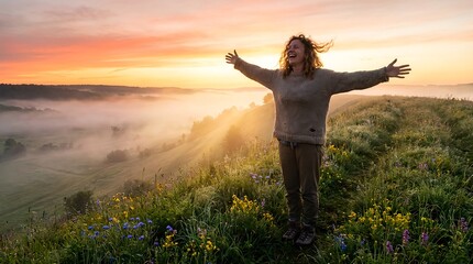 Woman stands on hilltop with arms wide open during sunrise in a misty landscape filled with flowers
