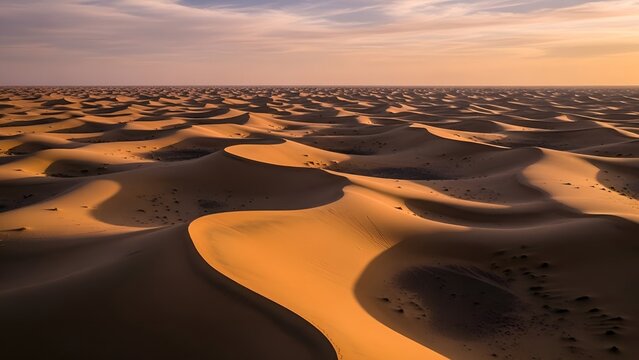 Panoramic sand dunes in Rub al Khali desert at sunrise