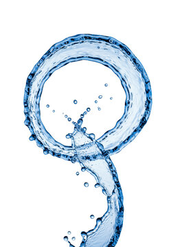 An intensely blue-tinted, crystalline water toroidal ring, hyperdetailed with mist and droplets, high surface tension, isolated against a transparent studio background with copy space. Concept of