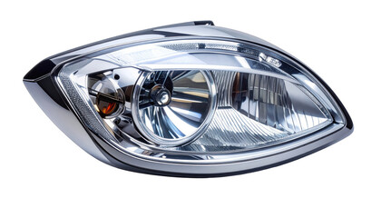 Close-up of a chrome-framed automotive headlamp with complex internal reflectors