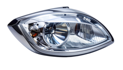 Close-up of a chrome-framed automotive headlamp with complex internal reflectors