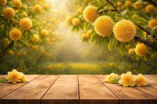 Kadamba Flowers Branch Over Wooden Table with Soft Green Garden Background and Sunlight