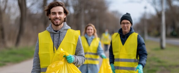 Dedicated volunteers energetically collecting litter in a vibrant park on a bright sunny day