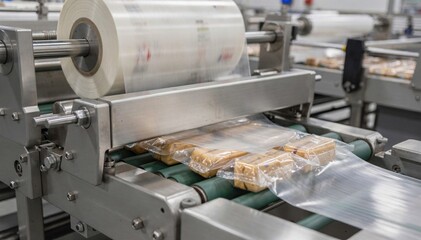 Medium angle of flowwrapping equipment enclosing products in transparent film pillow packs emphasizing continuous motion and precision in packaging operations.