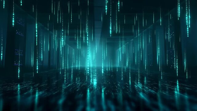 A mesmerizing digital landscape filled with cascading streams of glowing binary code and futuristic elements creating an immersive and captivating atmosphere.
