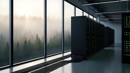 Data Center Server Room with Foggy Landscape View.