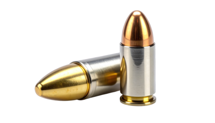 Two metallic firearm rounds isolated on black; one upright, one angled