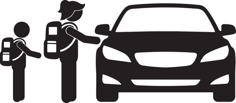 Two stick figures with backpacks are about to enter a car, depicted as black silhouettes on a white background, illustrating school commute or travel also transparent background