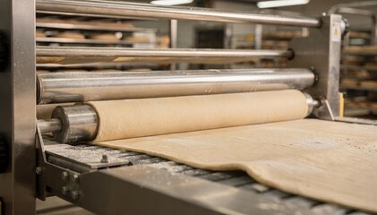 Medium shot of conveyor belt sheeting smooth wheat dough precise rollers creating uniform cracker thickness in an industrial bakery setting.