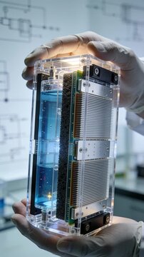 A transparent fuel cell hydrogen power clean energy lab technology renewable energy scientific research prototype device green innovation electrolysi engineering vertical stack module laboratory dev