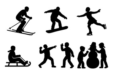 Obraz premium Silhouettes of winter activities: skiing, snowboarding, ice skating, sledding, snowball fight, snowman.