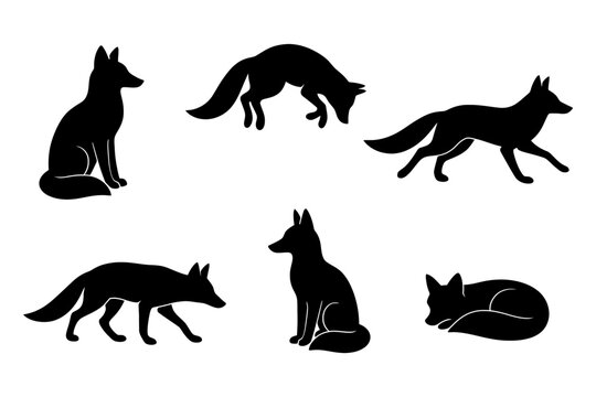 Silhouette collection of foxes in various poses on white background.