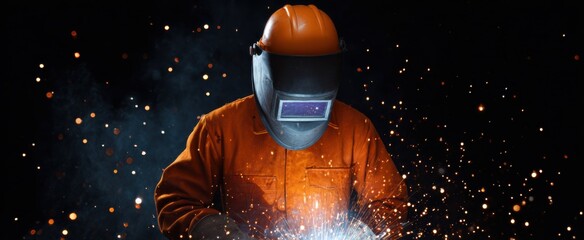 the worker fusing metal with dazzling sparks shooting everywhere