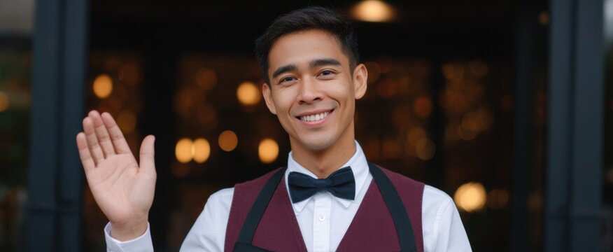 the restaurant greeter happily greeting guests at the door with a grin