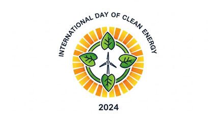 International day of clean energy 2024 logo with green leaves and wind turbine in sunburst design