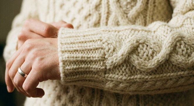 Close-up of Hands in Cozy Cream Cable Knit Sweater for Winter Fashion