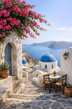 Scenic View of Santorini with Blue Domed Church and Bougainvillea