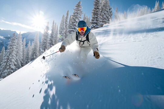 A young skier in a helmet and glasses descends a freshly fallen slope in a mountain valley