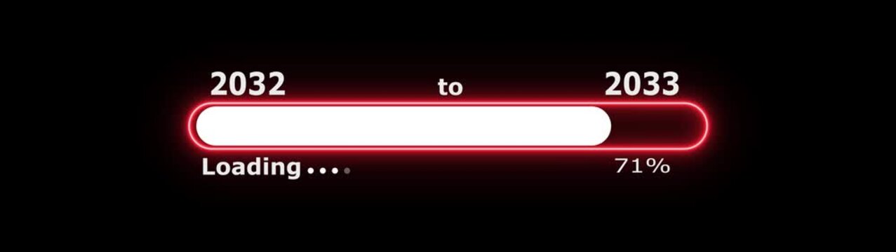 Abstract glowing neon New year 2033 loading bar animation Year changing from 2032 to 2033. Loading bar from 2032 to 2033 new year transfer animation.