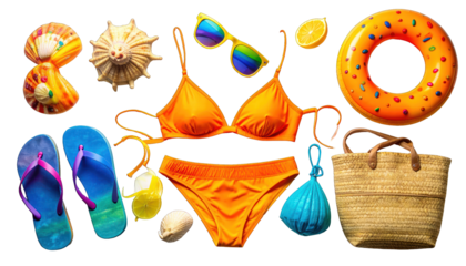 Vivid summer essentials like swimwear, sunglasses, and beach accessories arranged