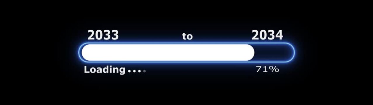 Abstract glowing neon New year 2034 loading bar animation Year changing from 2033 to 2034. Loading bar from 2033 to 2034 new year transfer animation.