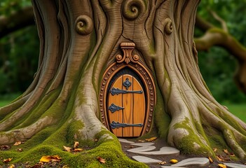 Tiny, ornate fairy door nestled at the base of a gnarled oak tree, fantasy,  door