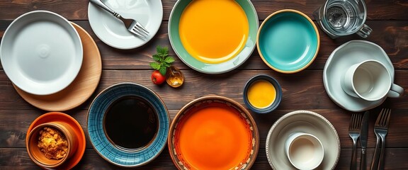 Top-down view of diverse plates, bowls, cups, cutlery, on a rustic wooden surface,  clean,  silverware