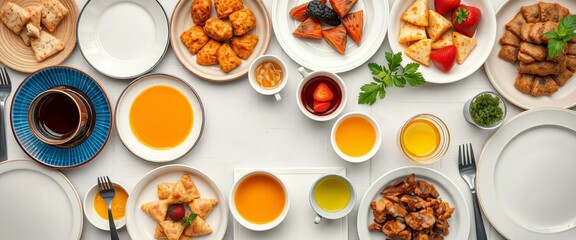Top-down view of diverse plates, bowls, cups & cutlery arranged attractively,  vibrant,  meal