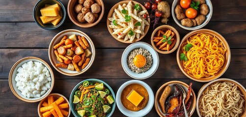 Top-down view of diverse, colorful dishes on a rustic wooden table,  gourmet,  ingredients