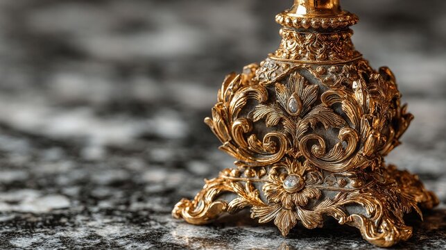 Golden Decorative Artifact: The photograph presents an ornate, golden artifact with intricate details, showcasing a classic aesthetic. The object, possibly a candlestick or a decorative item.
