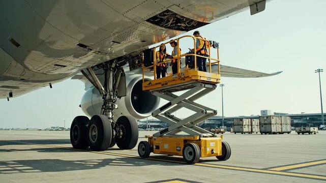 Airplane maintenance crew on lift platform inspecting aircraft exterior