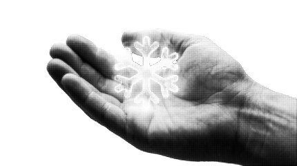 Halftone open hand gesture as graphic element, vintage punk style dotted pattern, retro trendy doodle illustration for design projects