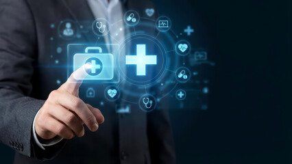 Digital Healthcare Concept with Man Interacting with Virtual Medical Interface