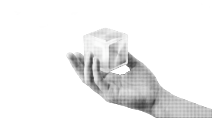 Halftone hand holding a cube graphic element for design projects. Vintage dotted pattern illustration for posters, social media, and branding materials.