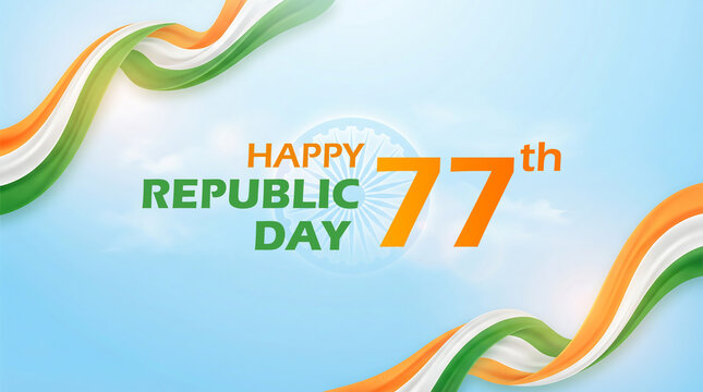 Happy 77th Republic Day India Celebration Banner with Waving Tricolour Ribbons on Blue Sky Background