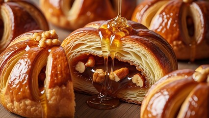 Delicious freshly baked caramel glazed pastry with nuts and flaky layers served on wooden surface perfect for bakery dessert and sweet treat advertising