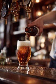 Bartender behind the counter pours beer into a glass from the bottle in an Irish pub